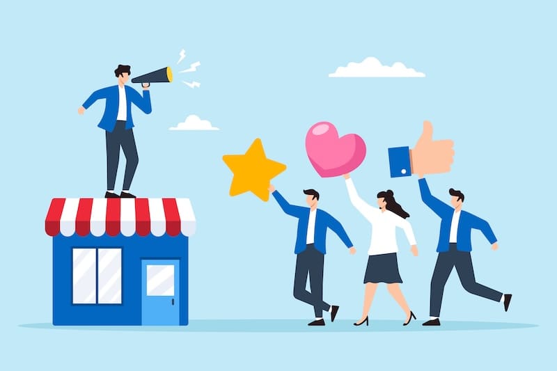 A man stands on a striped-roof building using a megaphone. Three people approach, holding a star, a heart, and a thumbs-up symbol, representing positive feedback. In this clear blue sky with clouds, the scene cleverly mirrors PR crisis management in action.