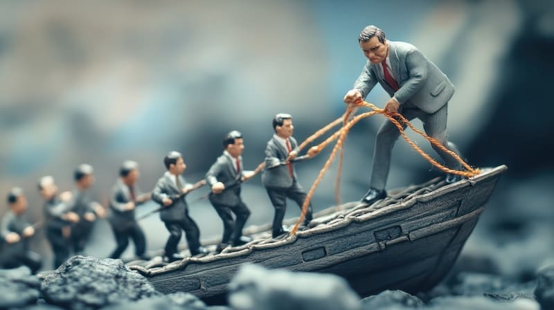 Miniature figurines of men in suits pull a large figure leading them on a rowboat with orange ropes, symbolizing effective PR crisis management and teamwork in navigating challenges. The background remains blurred.