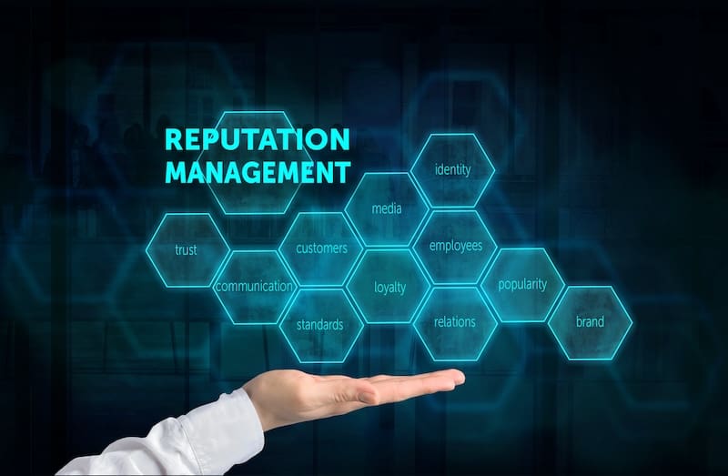 A hand supports glowing hexagonal shapes containing words like trust, communication, customers, standards, online reputation manager, loyalty, employees, identity, popularity, relations, and brand—all under the title "Reputation Management.