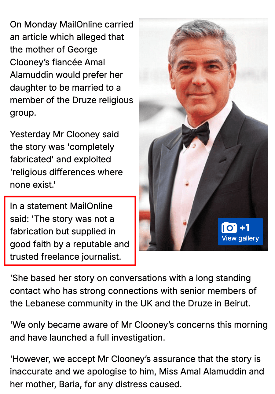 A news article online delves into a story about George Clooney's fiancée, Amal Alamuddin, featuring a photo of Clooney in a tuxedo. MailOnline issued a statement defending the story's credibility, citing reliable sources and expressing confidence in their journalist.