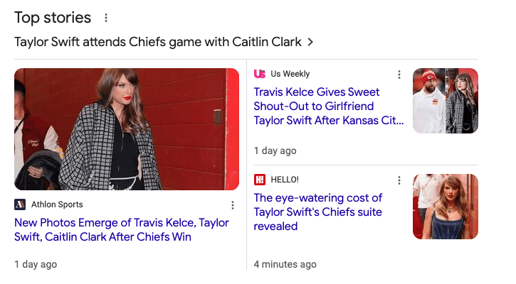 Screenshot showing news headlines about Taylor Swift attending a Chiefs game with Caitlin Clark. Articles, emphasizing the importance of protecting your online reputation, feature mentions of Travis Kelce and include small images, including one of a woman in a checkered coat.