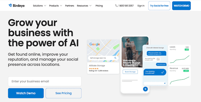 A website landing page for Birdeye, featuring a header saying "Grow your business with the power of AI." It showcases user interface elements like review ratings, a chatbot interaction on a mobile phone, and business performance metrics such as leads and revenue, making it the best review management software.
