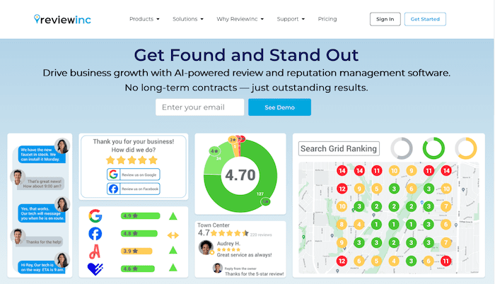 An image of ReviewInc's landing page showcasing their AI-powered review and reputation management software. Features include customer review ratings, search grid rankings, social proof through testimonials, review site integrations, and sign-up options—clearly positioning it as the best review management software available.