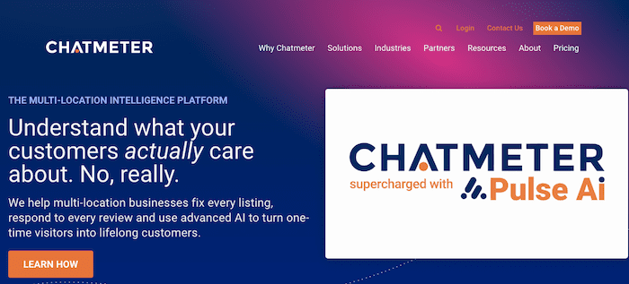 Screenshot of a website for Chatmeter, the best review management software. Text reads: "Understand what your customers actually care about. No, really. We help multi-location businesses fix every listing, respond to every review, and use advanced AI to turn one-time visitors into lifelong customers.