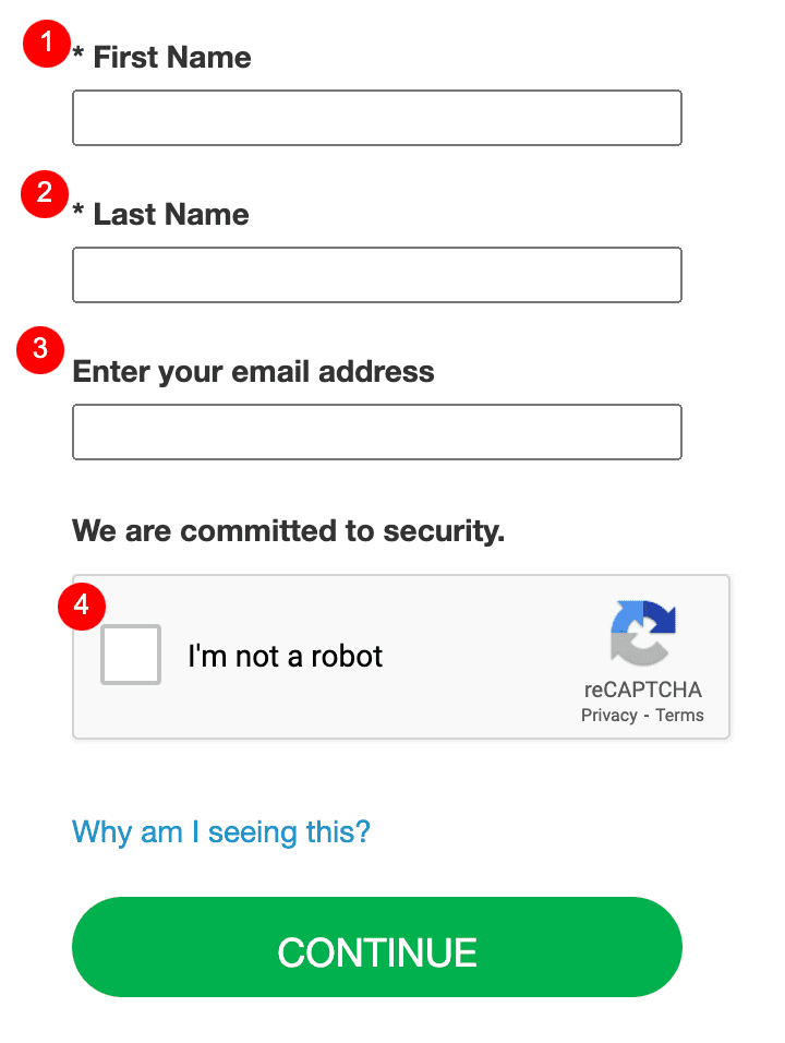 A form with fields for first name, last name, and email address, designed to enhance your MyLife reputation score. Includes a "I'm not a robot" reCAPTCHA checkbox. A green "CONTINUE" button is at the bottom, with a link asking "Why am I seeing this?".