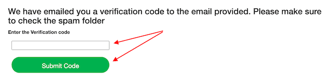 A webpage prompts users to boost their mylife reputation score by entering a verification code sent to their email. It reminds them to check spam folders, featuring a text box for input and a green button labeled "Submit Code," highlighted with red arrows.