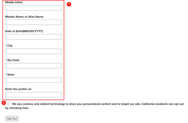 Image of a form with fields for middle initial, maiden or alias name, date of birth, city, zip code, state, and profile URL. A note about cookies highlights how they affect your MyLife reputation score. A button labeled "Opt Out" is at the bottom.