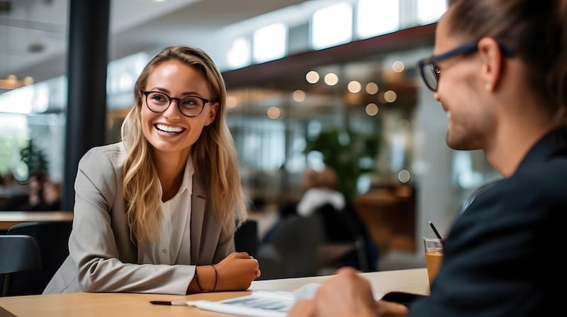 Two people sitting at a table in a brightly lit, modern office space. One person, a woman with long blonde hair and glasses, is smiling and looking at the other person, a man with glasses who has his back to the camera. They appear to be having a friendly conversation about corporate reputation management.