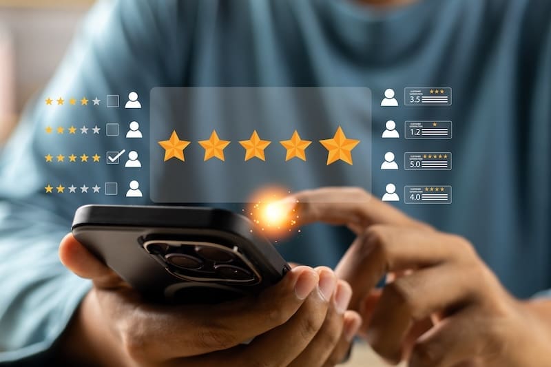 A person holding a smartphone, tapping on the screen with a glowing effect. Floating above the phone are five bright gold stars, indicating a five-star rating. Various other star ratings in boxes with small user profile icons are displayed around the main stars, illustrating corporate reputation management at work.