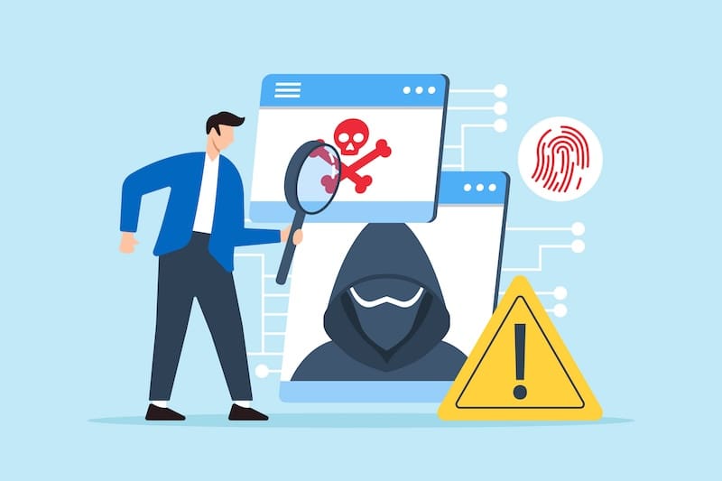 Illustration of a person in a blue jacket using a magnifying glass to inspect a hooded figure on a computer screen. Nearby are icons of a fingerprint, warning sign, and skull with crossbones—symbols reminiscent of the challenges faced when learning how to get a website taken down for cybercrime.