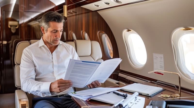 A man in a white shirt sits in a luxurious private jet, intently reading documents. The interior is elegant with wood paneling and plush seating. Sunlight streams through the windows, illuminating the workspace.