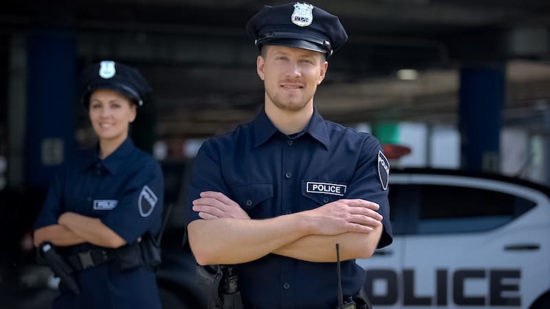 Two police officers in uniform stand confidently with arms crossed in front of a police car, embodying authority and order. The male officer is in the foreground, while the female officer stands slightly behind him. Maybe they're discussing more than just badges and radios—like how to get a website taken down.