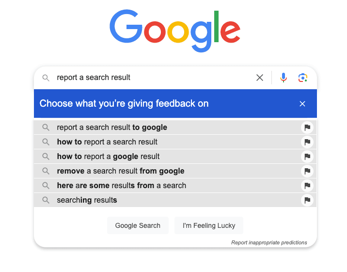 Google search page with suggestions for "report a search result," including options like "how to report a search result" and "remove a search result from Google." Buttons for "Google Search" and "I'm Feeling Lucky" are visible.