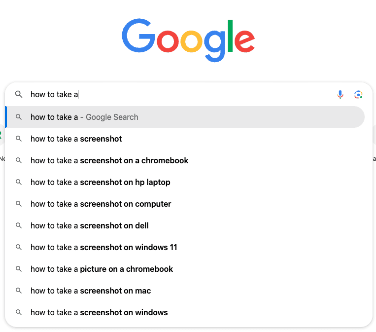 A Google search page shows the query "how to take a" with suggestions like "how to take a screenshot," "on a Chromebook," "on HP laptop," and "on Windows 11." The Google logo is prominently displayed above the search bar.