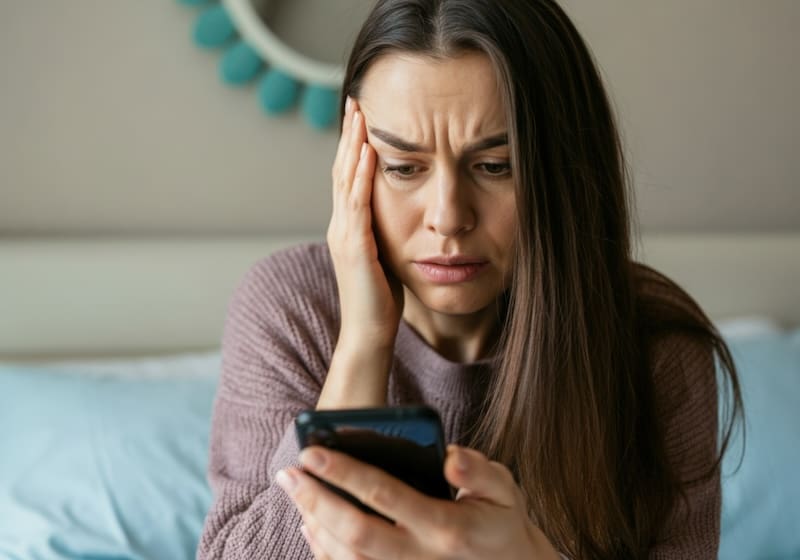 A woman with long brown hair looks worried, clutching her smartphone as she considers contacting an online content removal lawyer. Her other hand rests on her face. Dressed in a brown sweater, she sits on a bed with a round decorative item in the background.