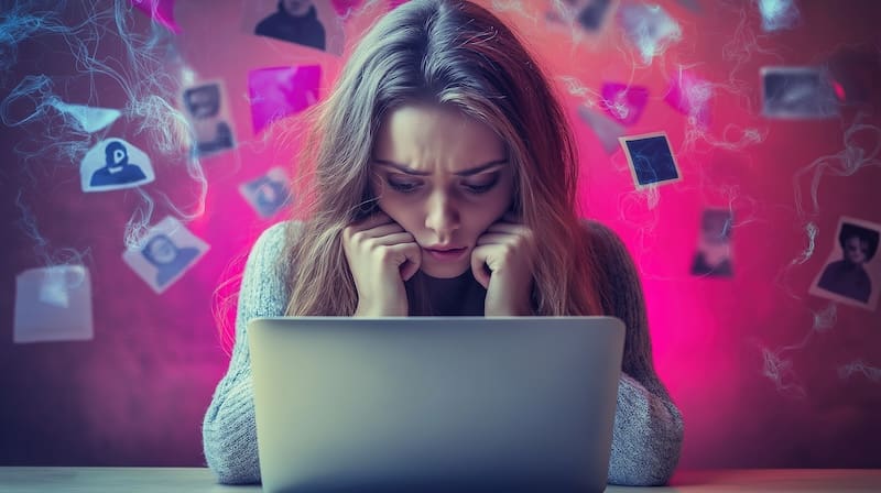 A woman sits with a concerned expression, looking at her laptop. In the background, various small, blurred photos float around amid a red and pink hue. She considers consulting an online content removal lawyer to address her digital dilemmas.