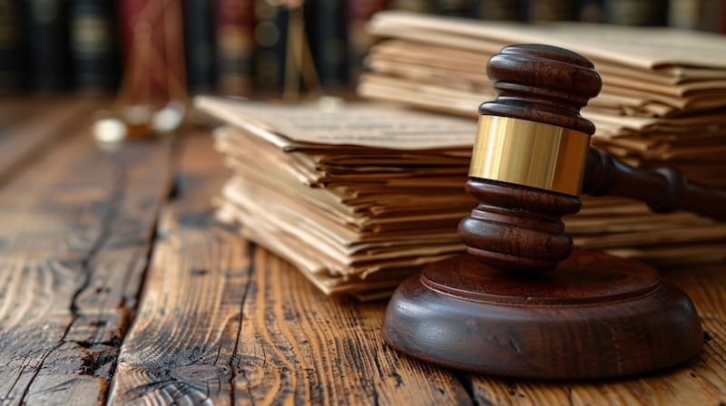 A wooden judge's gavel rests on a textured wooden table next to a stack of old documents. In the background, blurred books are visible. The scene suggests a legal or courtroom setting.