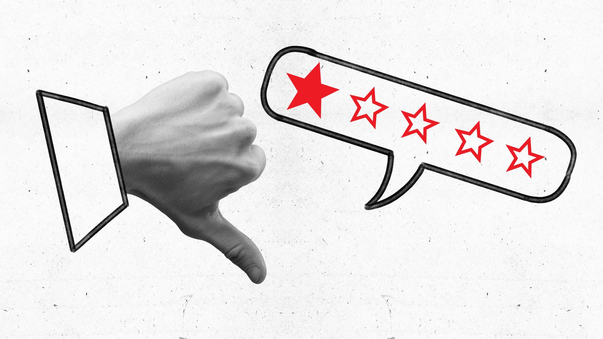 A hand gives a thumbs down next to a speech bubble containing five stars, with the first star highlighted in red. The image has a minimalist, black and white sketch style.