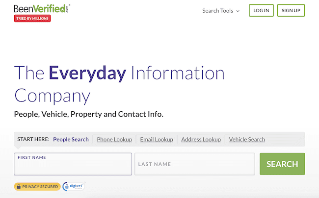 Screenshot of BeenVerified homepage featuring search options for people, phone, email, address, and vehicle lookup. The headline reads, "The Everyday Information Company," with a login and sign-up option at the top right.