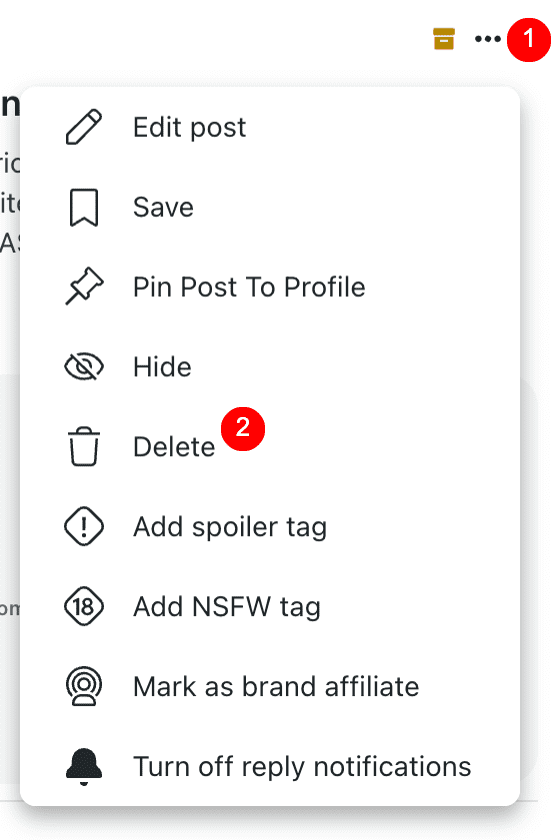 A dropdown menu with options: Edit post, Save, Pin Post To Profile, Hide, Delete (with two notifications), Add spoiler tag, Add NSFW tag, Mark as brand affiliate, and Turn off reply notifications.