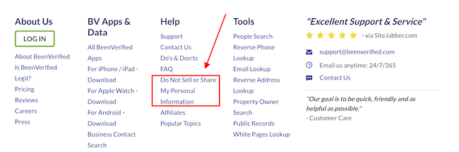 Screenshot of a webpage showing a menu with sections like "About Us," "Help," and "Tools." A red arrow points to "Do Not Sell or Share My Personal Information" under "Help." Contact details and a customer review are on the right side.