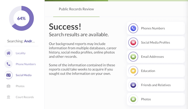 A screenshot of a search results page showing a "Success!" message indicating available public records. Includes search progress at 64% and options like phone numbers, social media, email addresses, education, and relatives.