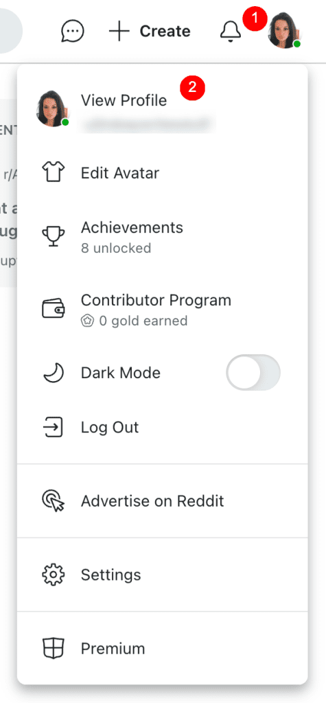 Screenshot of a user profile menu on a social media platform. Options include "View Profile," "Edit Avatar," "Achievements," "Contributor Program," "Dark Mode," "Log Out," "Advertise on Reddit," "Settings," and "Premium." Notifications are visible.