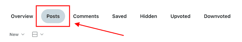 Screenshot of a web page interface highlighting the "Posts" tab, which is surrounded by a red border. A red arrow points towards the "Posts" tab. Other tabs include Overview, Comments, Saved, Hidden, Upvoted, and Downvoted.