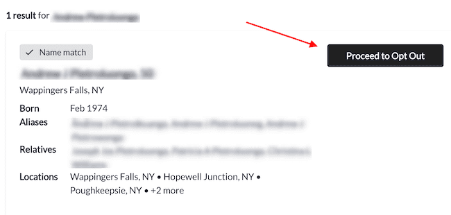 A blurred profile with personal details such as name, birth date, aliases, relatives, and locations. An arrow points to a "Proceed to Opt Out" button on the right.