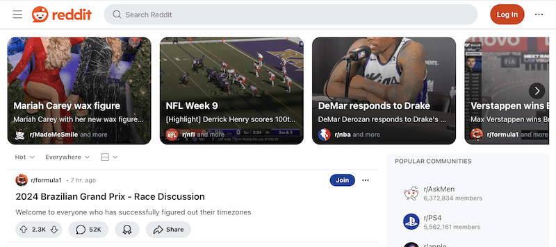 Reddit homepage featuring various post previews: Mariah Carey event, NFL Week 9 highlights, DeMar's response to Drake, and Verstappen's win. Below is a post titled "2024 Brazilian Grand Prix - Race Discussion" with interaction options.