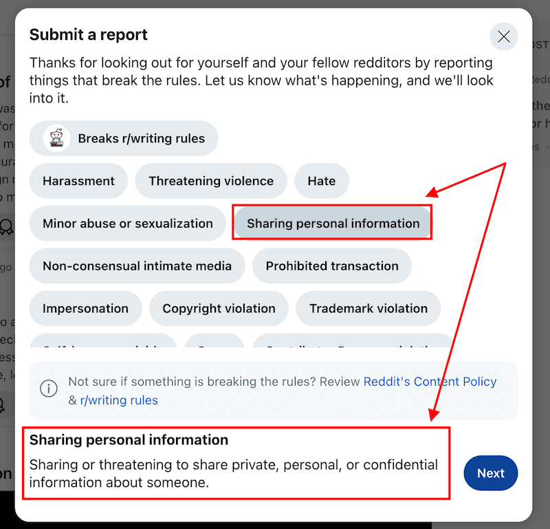 A report submission window on a platform listing violation categories: harassment, threatening violence, hate, minor abuse or sexualization, sharing personal information, non-consensual intimate media, impersonation, copyright/trademark, and other.