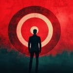 A silhouette of a man stands against a red background with a large white target symbol. The target has concentric circles, and the scene has a dramatic and mysterious atmosphere.