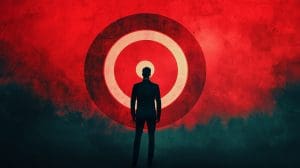 A silhouette of a man stands against a red background with a large white target symbol. The target has concentric circles, and the scene has a dramatic and mysterious atmosphere.