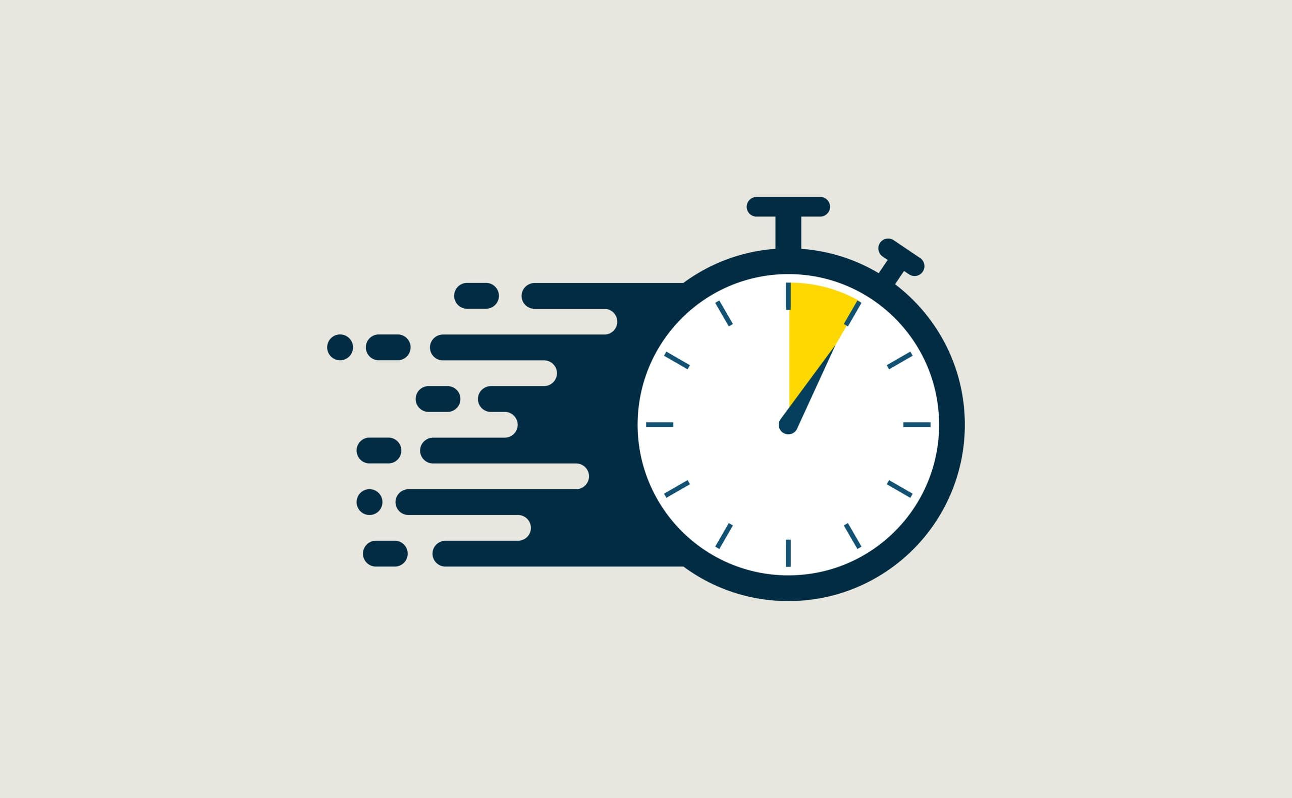 Illustration of a stopwatch with a yellow segment, symbolizing speed. The left side features dynamic, horizontal motion lines, creating a sense of swift movement. The background is light grey.