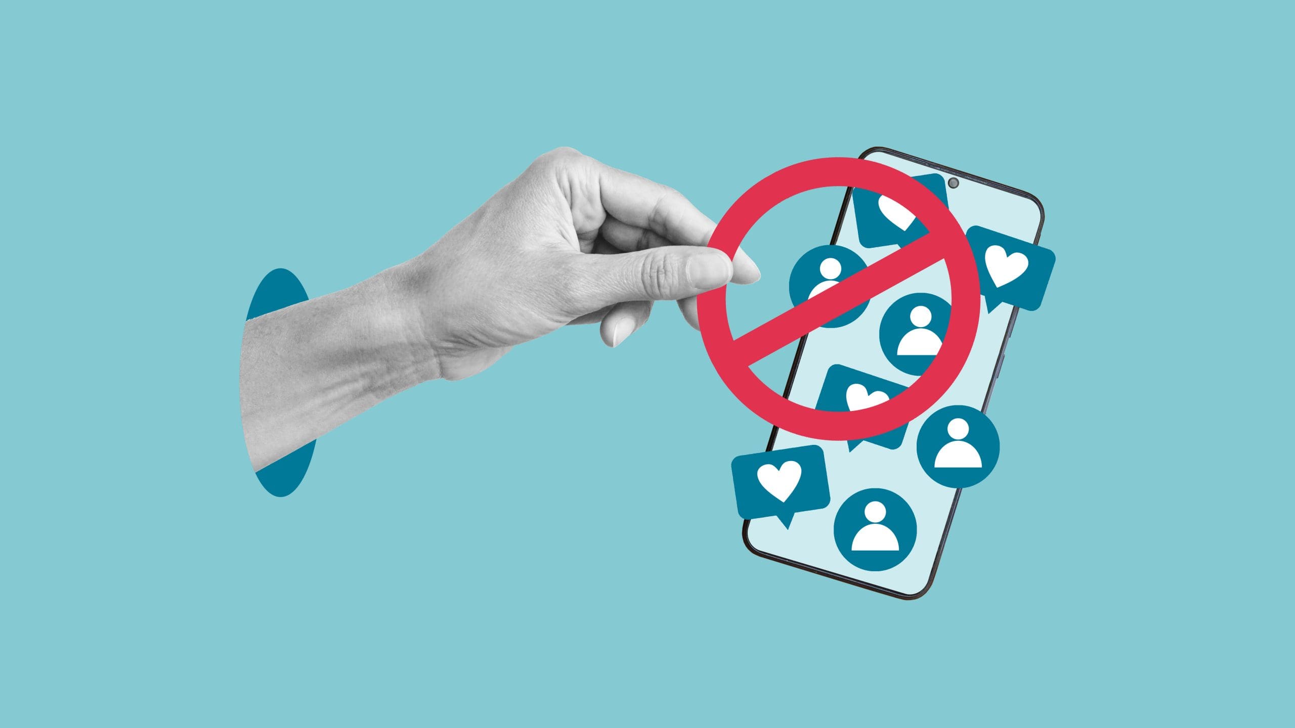 A hand emerges from a hole in a blue background, holding a smartphone displaying various social media icons, such as profile and heart symbols. A red prohibition sign covers the phone.