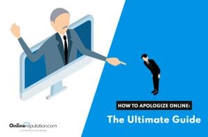 Illustration of a man in a suit standing inside a computer monitor, pointing at another man in a suit who is bowing. Text reads, "How to Apologize Online: The Ultimate Guide for mastering virtual apologies.