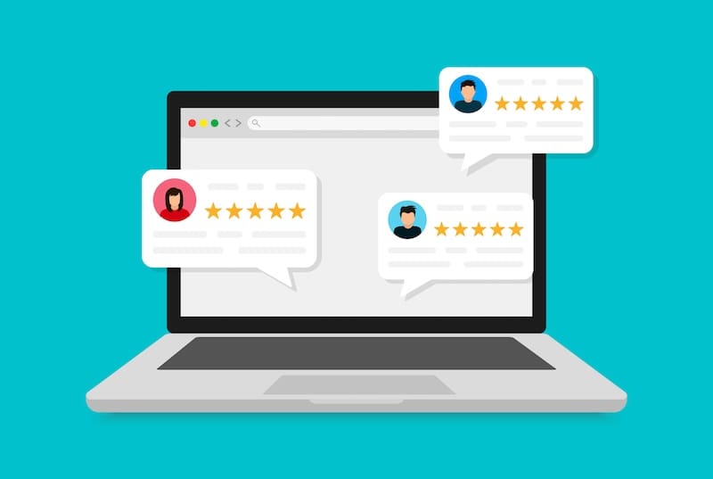 Illustration of a laptop displaying three speech bubbles with user profile icons and five-star ratings. The screen represents online reviews or customer feedback. The background is teal.