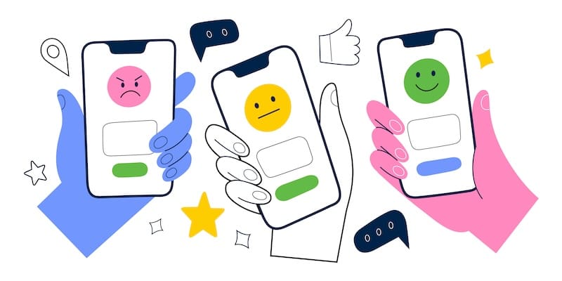 Illustration of three hands holding smartphones with different emojis: a red angry face, a yellow neutral face, and a green happy face. Surrounding icons include a thumbs-up, speech bubbles, and stars.