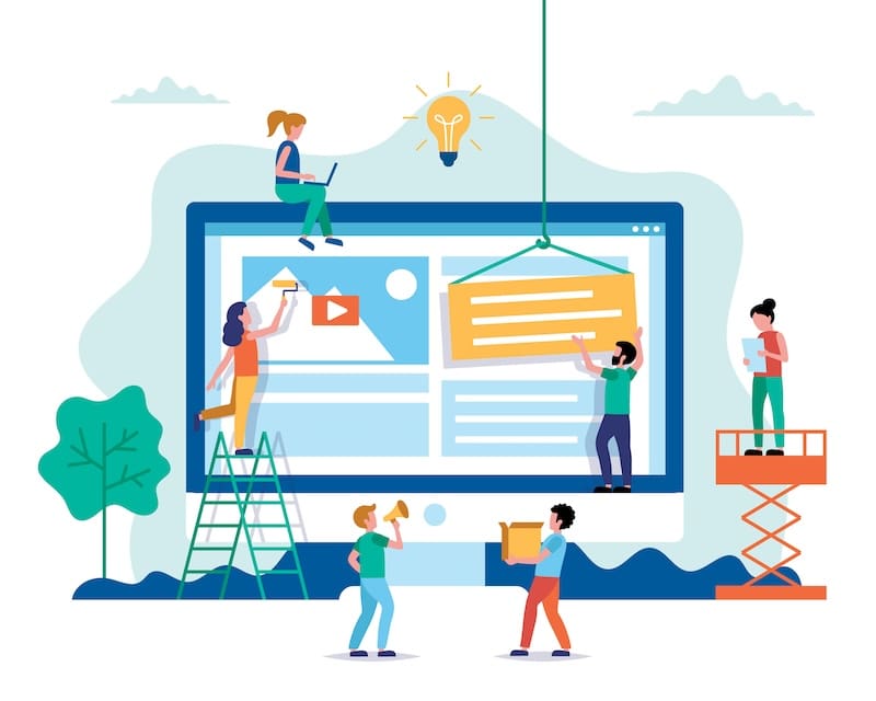 Illustration of people collaborating to design a webpage. Individuals are using ladders and platforms to place elements on a large computer screen. A light bulb icon hangs above, symbolizing ideas. There are trees and clouds in the background.