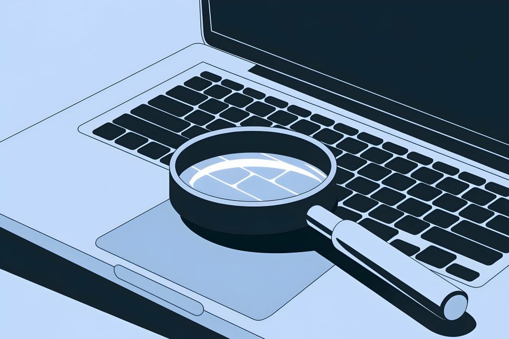 A magnifying glass lies on the keyboard of an open laptop. The image is stylized with a blueish tint, highlighting the magnifying glass as a symbol of examination or analysis.