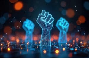 A digital illustration of three holographic fists raised upward against a dark background, symbolizing unity or resistance. The holograms have a blue, wireframe appearance with glowing orange bokeh lights scattered around.