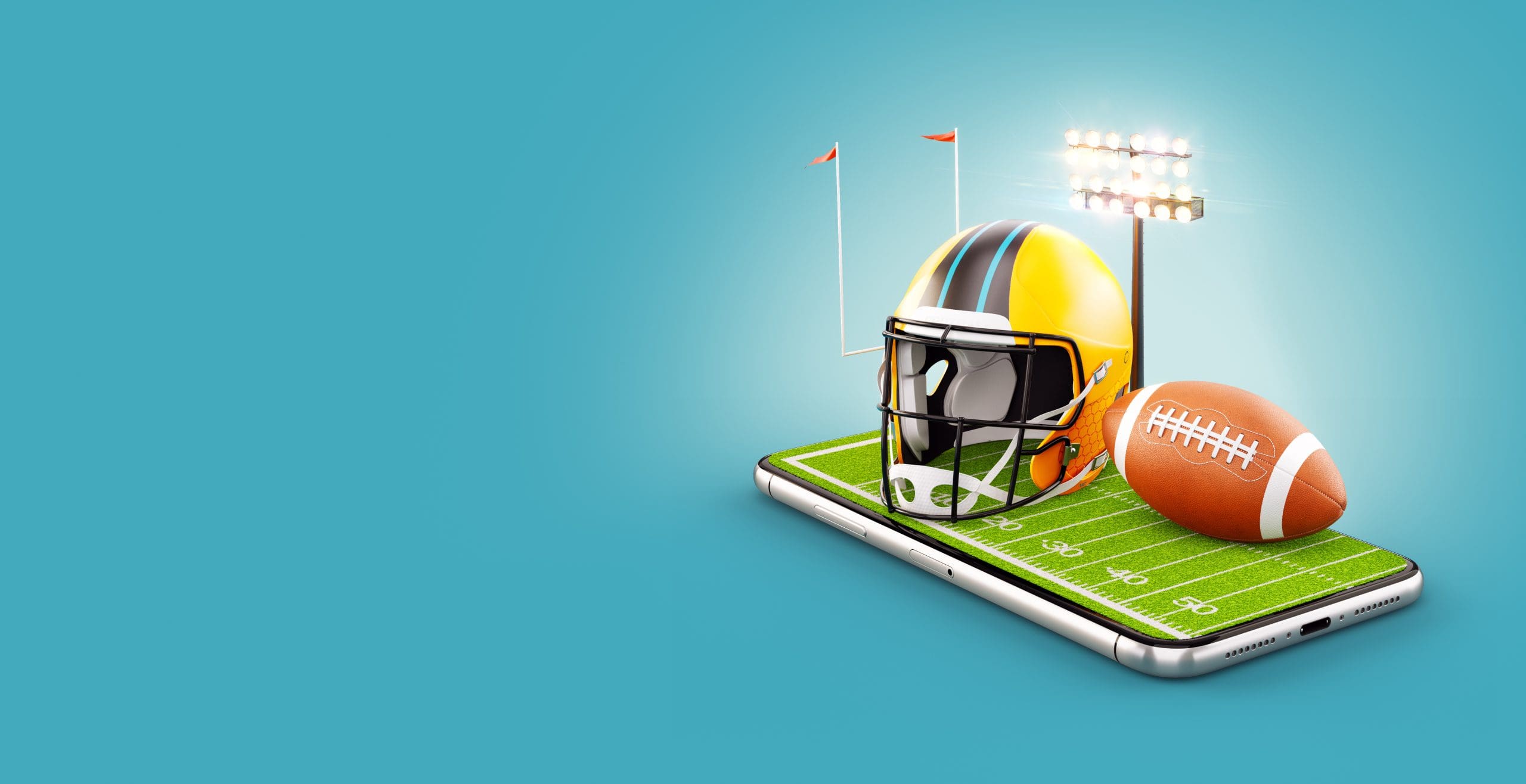 A smartphone with a small football field on the screen, featuring an American football helmet and ball. Stadium lights and goalpost in the background against a blue gradient backdrop.